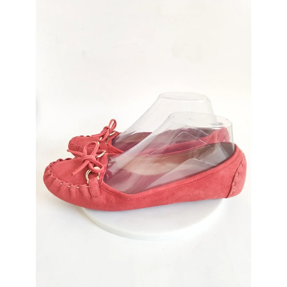Kate Spade Flats Loafers 8 Moccasin Red Suede Bow Gold Horsebit Driving Shoes